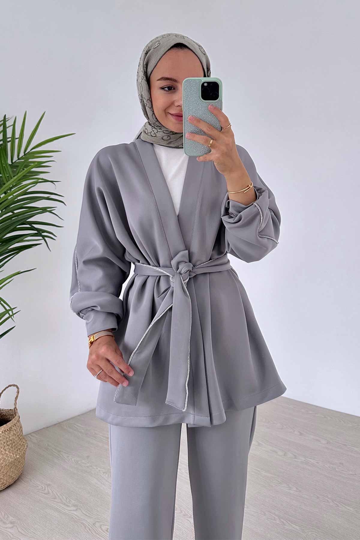 Glitter Biye Double Kimono Scuba Suit - Grey