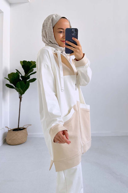 Color Blocked Hooded Suit - Beige