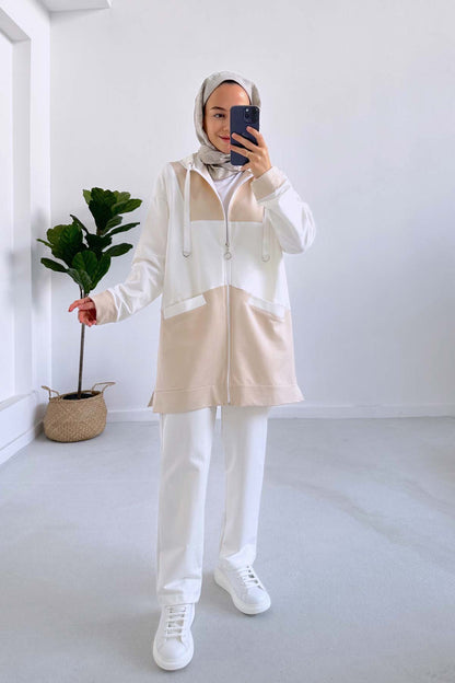 Color Blocked Hooded Suit - Beige