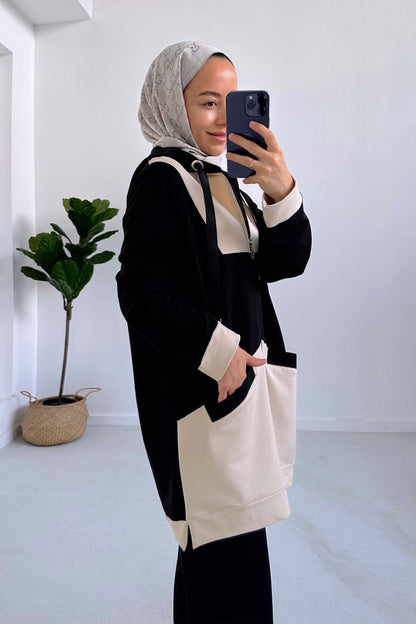 Color Blocked Hooded Suit - Black