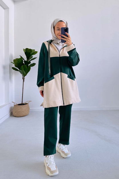 Color Blocked Hooded Suit - Emerald Color