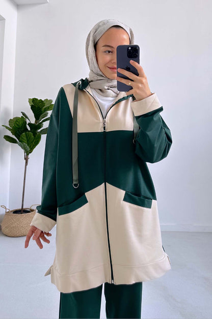 Color Blocked Hooded Suit - Emerald Color