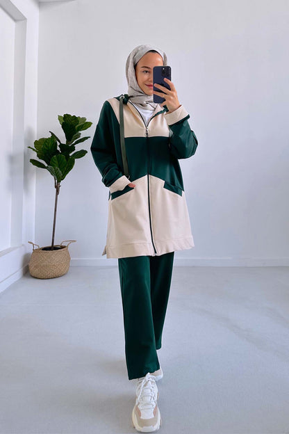 Color Blocked Hooded Suit - Emerald Color