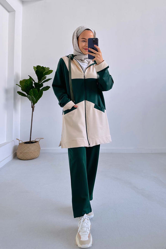 Color Blocked Hooded Suit - Emerald Color