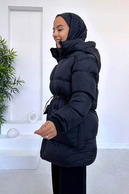 Hooded Pouf Coat with Drawstring Waist - Black