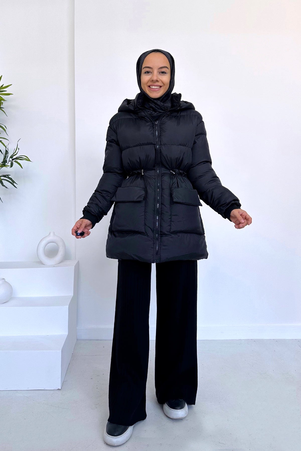 Hooded Pouf Coat with Drawstring Waist - Black