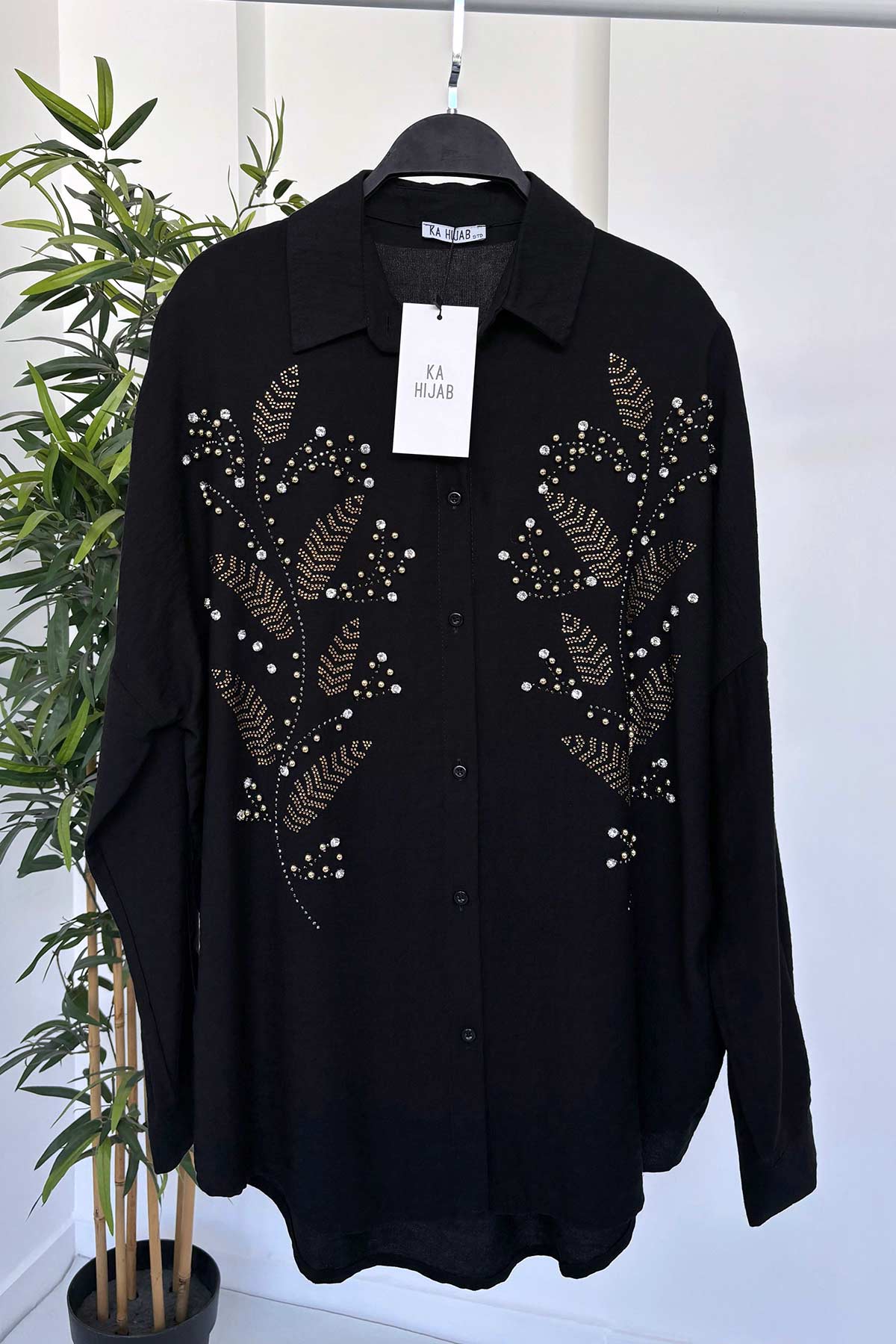 Oversized Linen Shirt With Stone Embroidery - Black