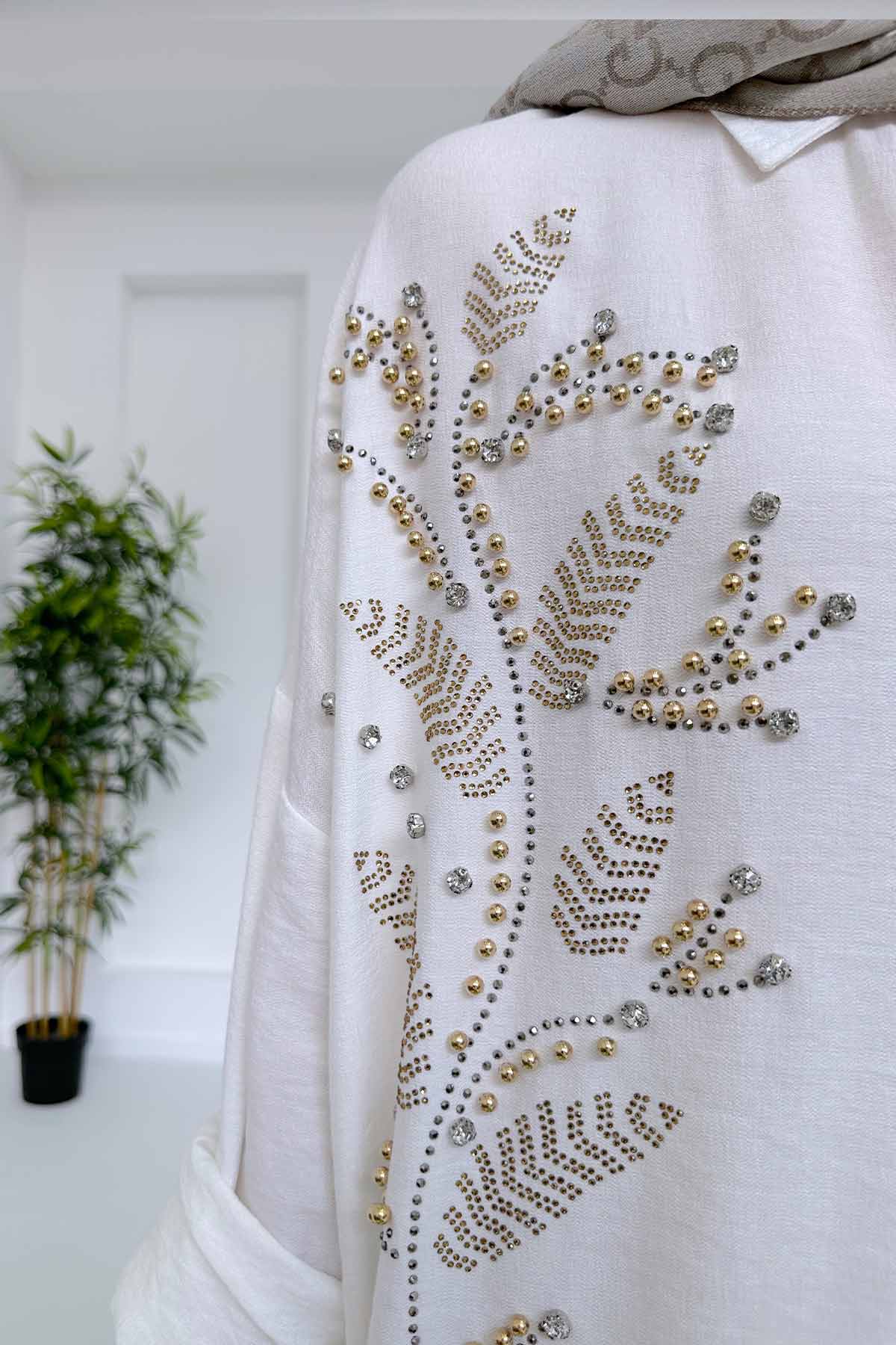 Oversized Linen Shirt With Stone Embroidery - White