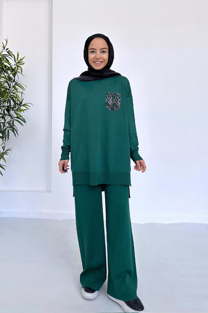 Stoned Pocket Mercerized Suit - Emerald Color