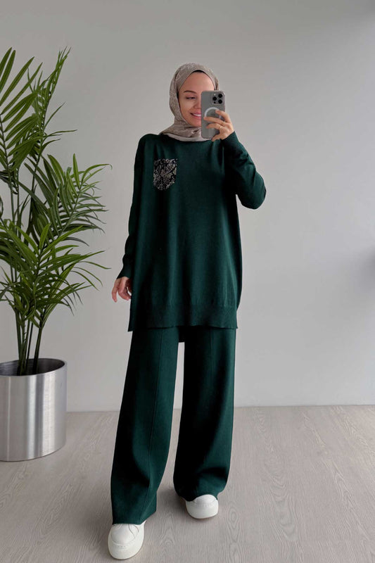 Stoned Pocket Mercerized Suit - Emerald Color