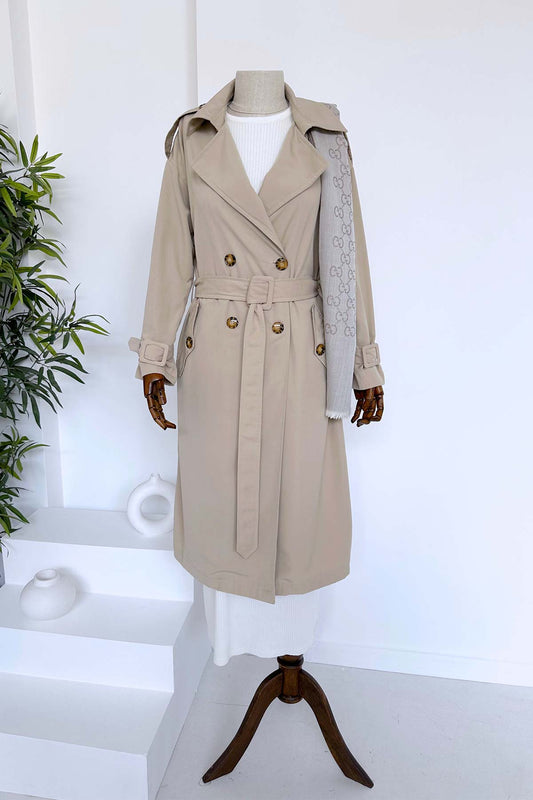 Seasonal Belted Trench Coat with Epaulettes - Beige