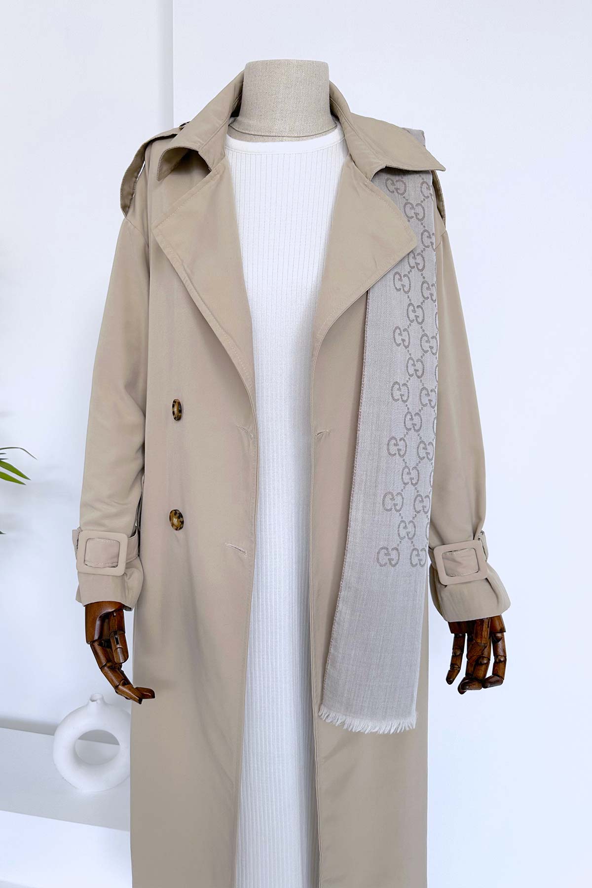 Seasonal Belted Trench Coat with Epaulettes - Beige