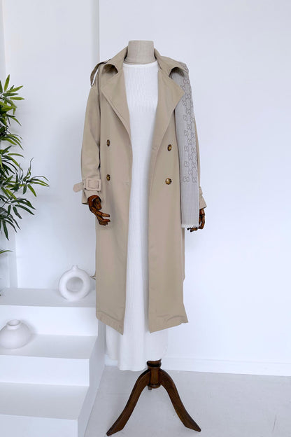 Seasonal Belted Trench Coat with Epaulettes - Beige