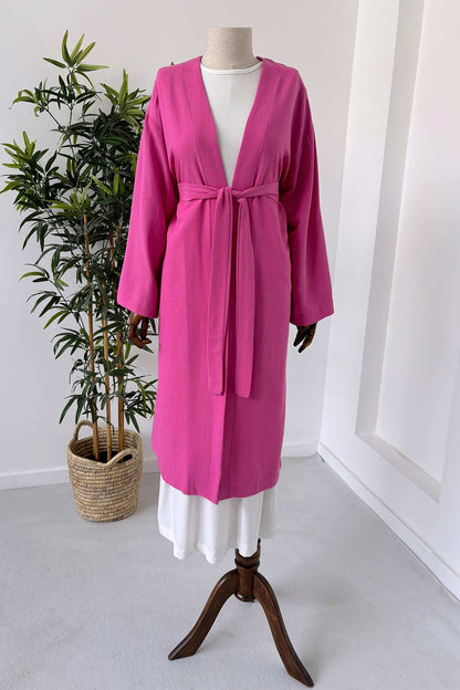 Long Belted Linen Kimono - Pink