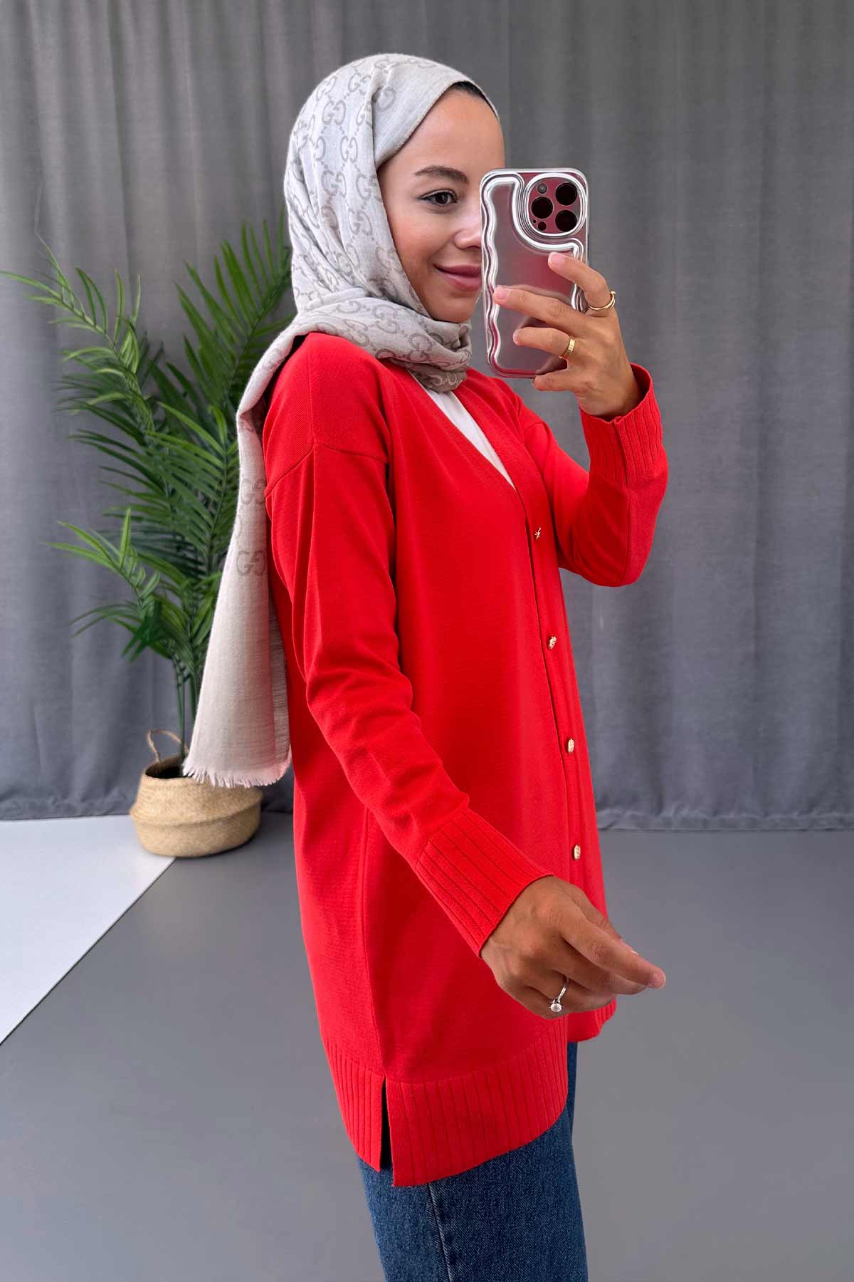 V-Neck Side Slit Mercerized Cardigan - Red