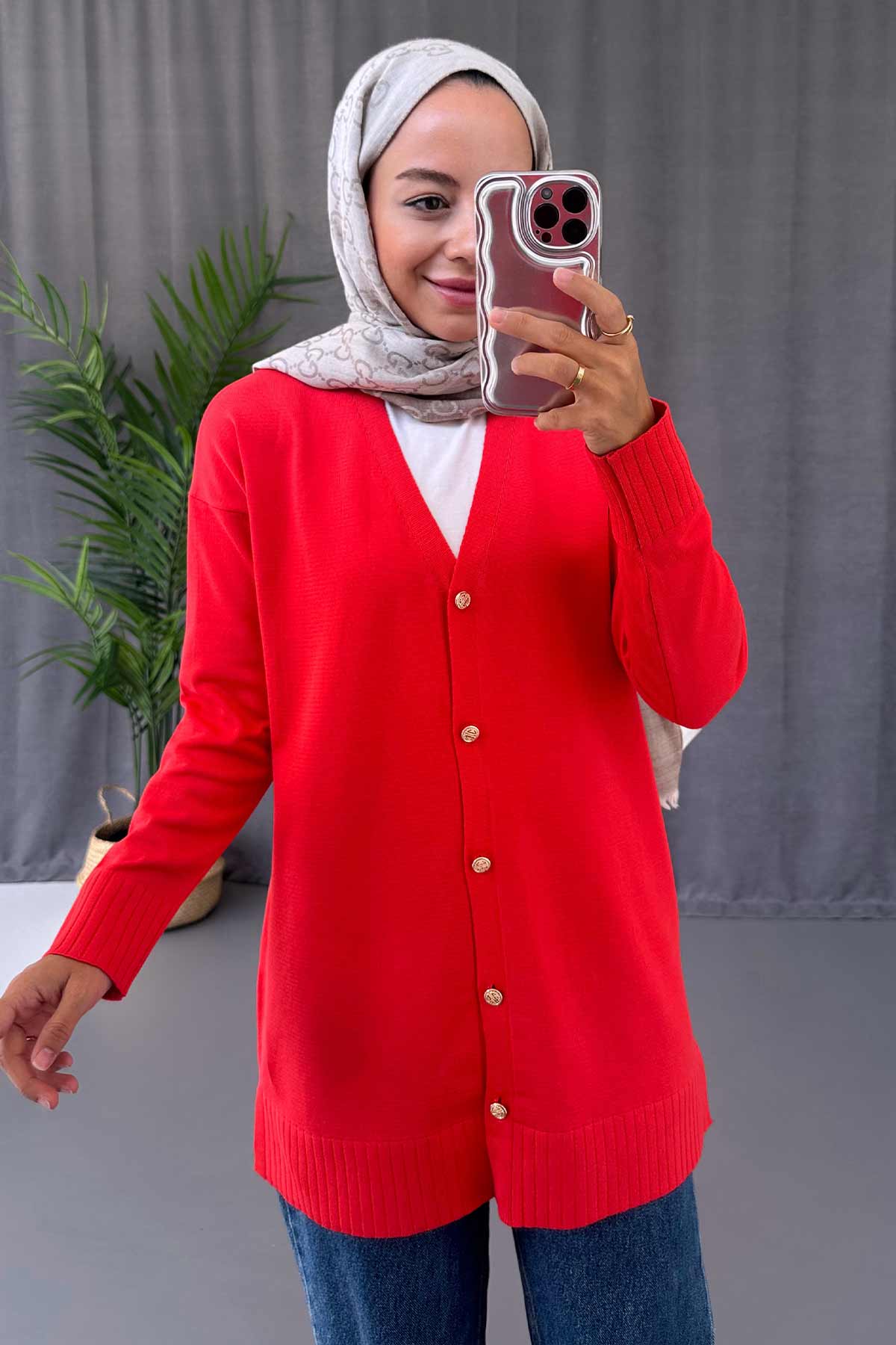 V-Neck Side Slit Mercerized Cardigan - Red