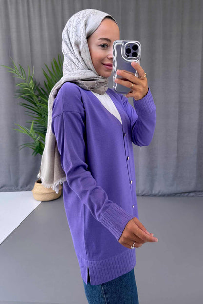 V-Neck Side Slit Mercerized Cardigan - Lilac