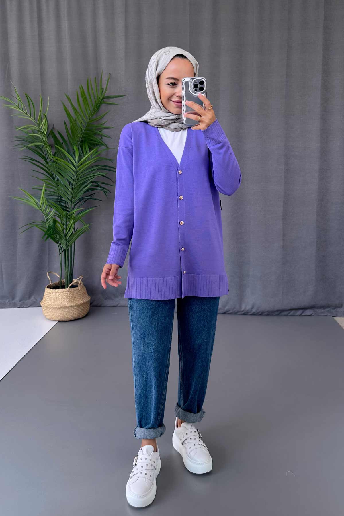 V-Neck Side Slit Mercerized Cardigan - Lilac