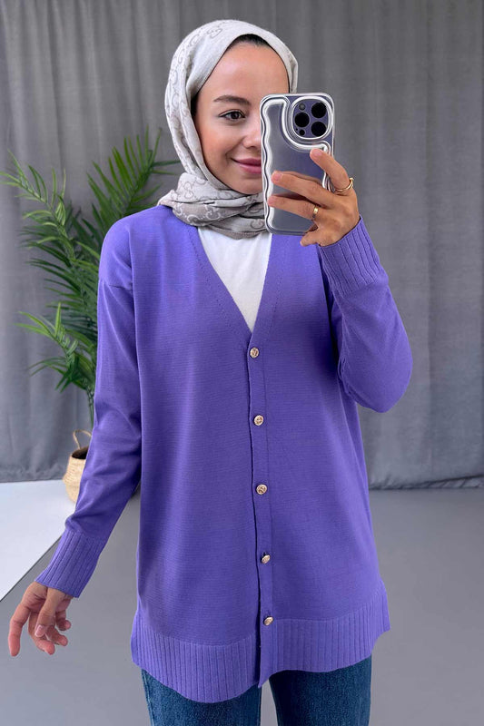 V-Neck Side Slit Mercerized Cardigan - Lilac