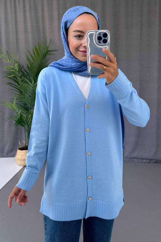 V-Neck Side Slit Mercerized Cardigan - Blue