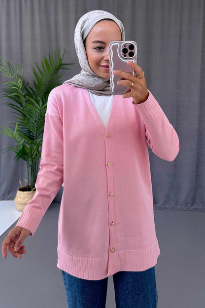 V-Neck Side Slit Mercerized Cardigan - Pink