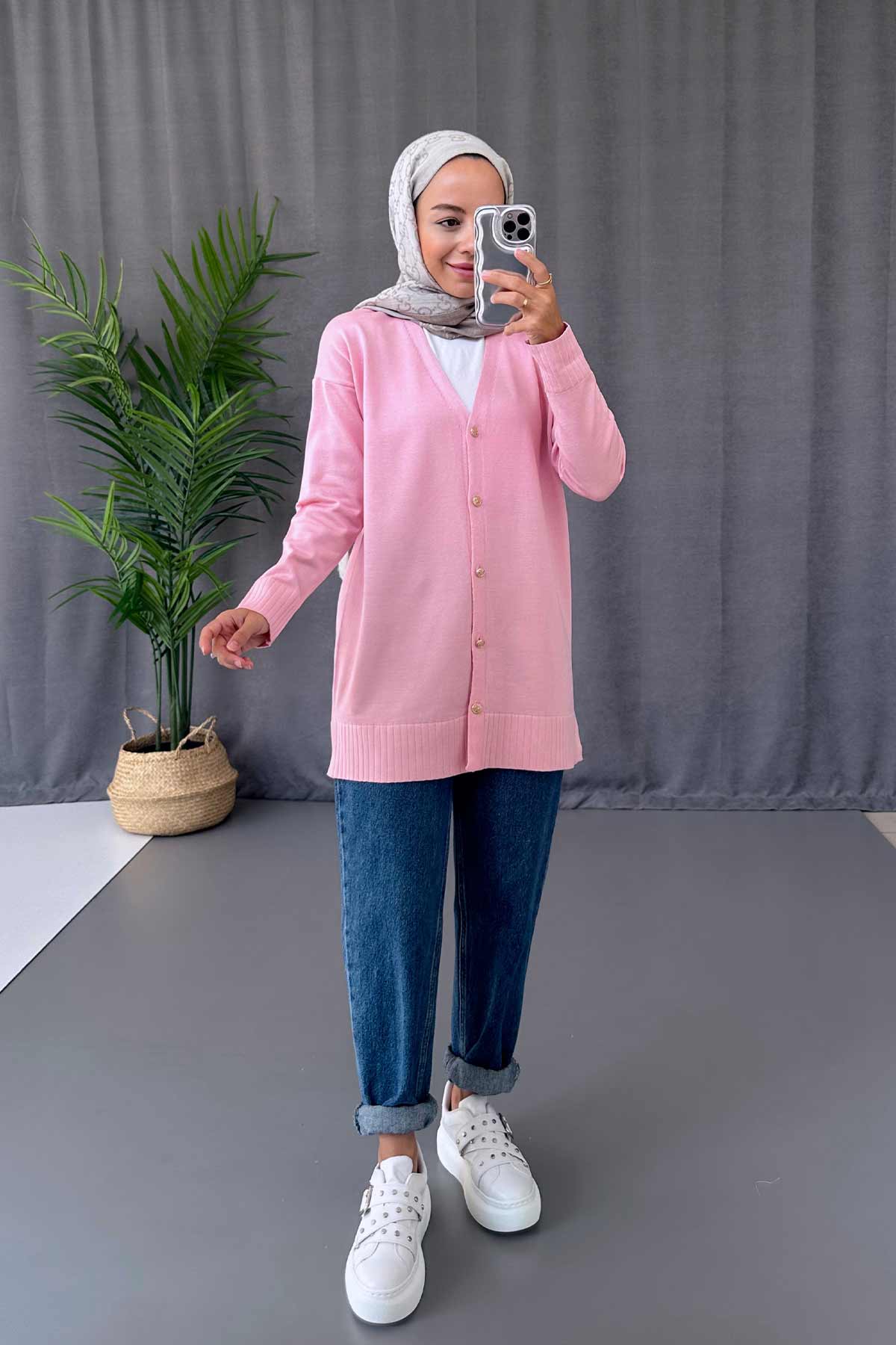 V-Neck Side Slit Mercerized Cardigan - Pink