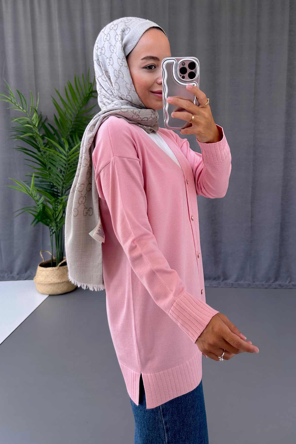 V-Neck Side Slit Mercerized Cardigan - Pink