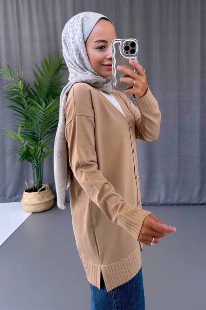 V-Neck Side Slit Mercerized Cardigan - Coffee Milk