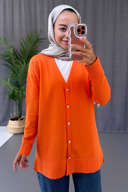 V-Neck Side Slit Mercerized Cardigan - Orange