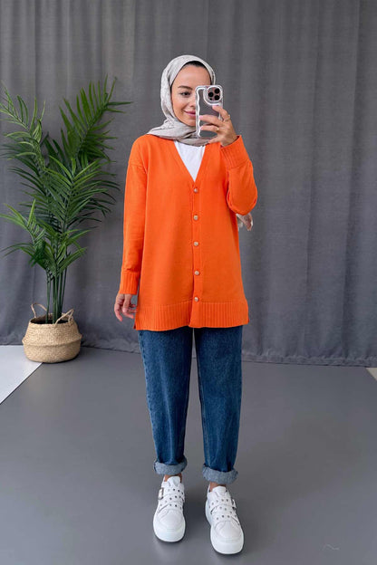 V-Neck Side Slit Mercerized Cardigan - Orange