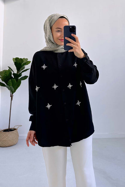 Star Stone Embroidered Modal Shirt - Black