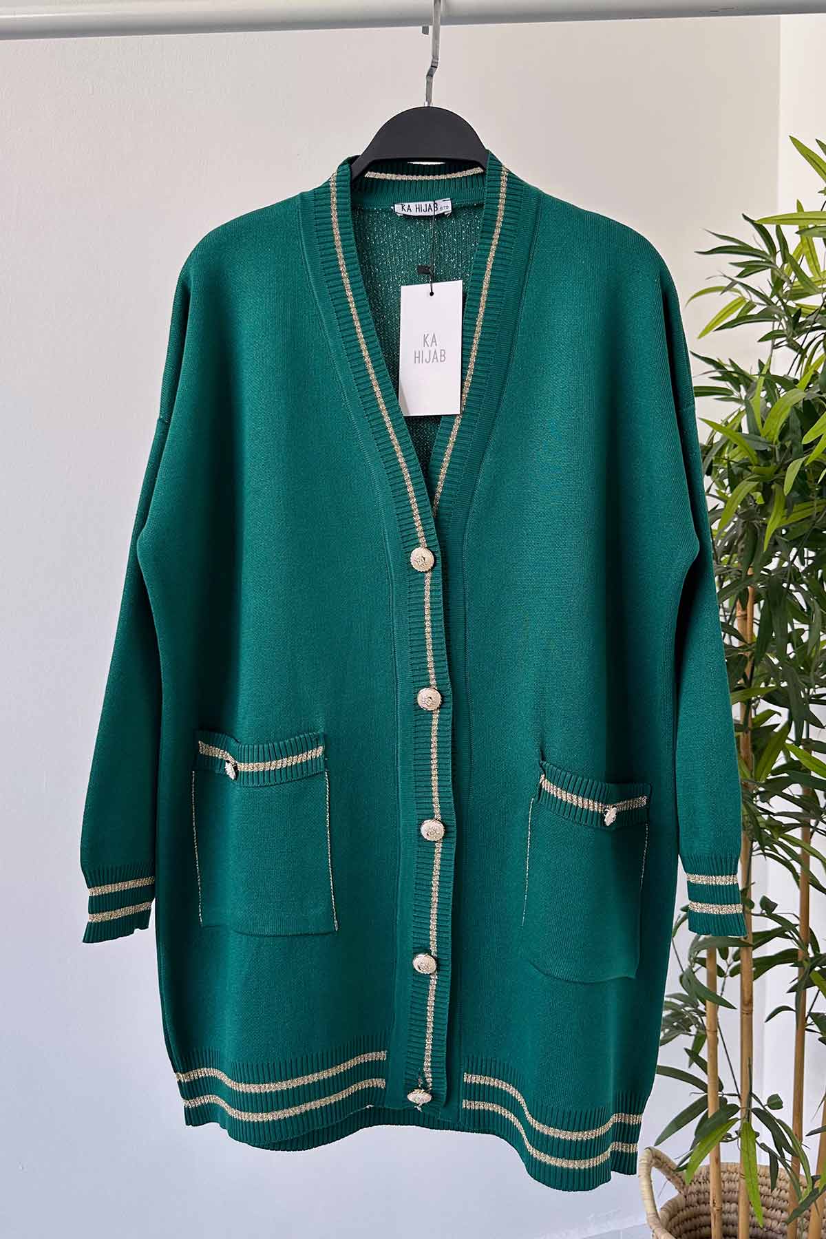 Double Pocket Sparkling Mercerized Cardigan - Emerald Color