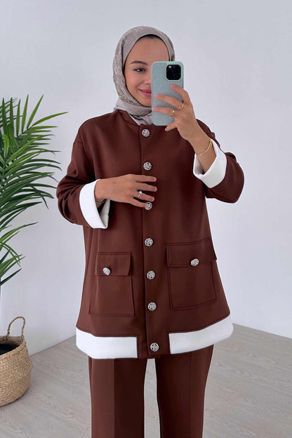 Elegant Button Detailed Double Scuba Suit - Brown