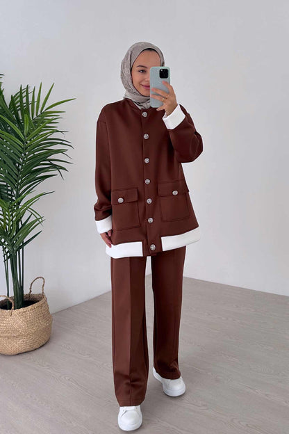 Elegant Button Detailed Double Scuba Suit - Brown