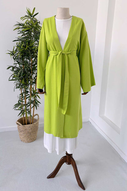 Long Belted Linen Kimono - Light Green