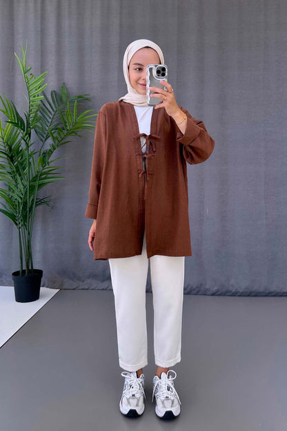 Lace-up Linen Kimono - Brown