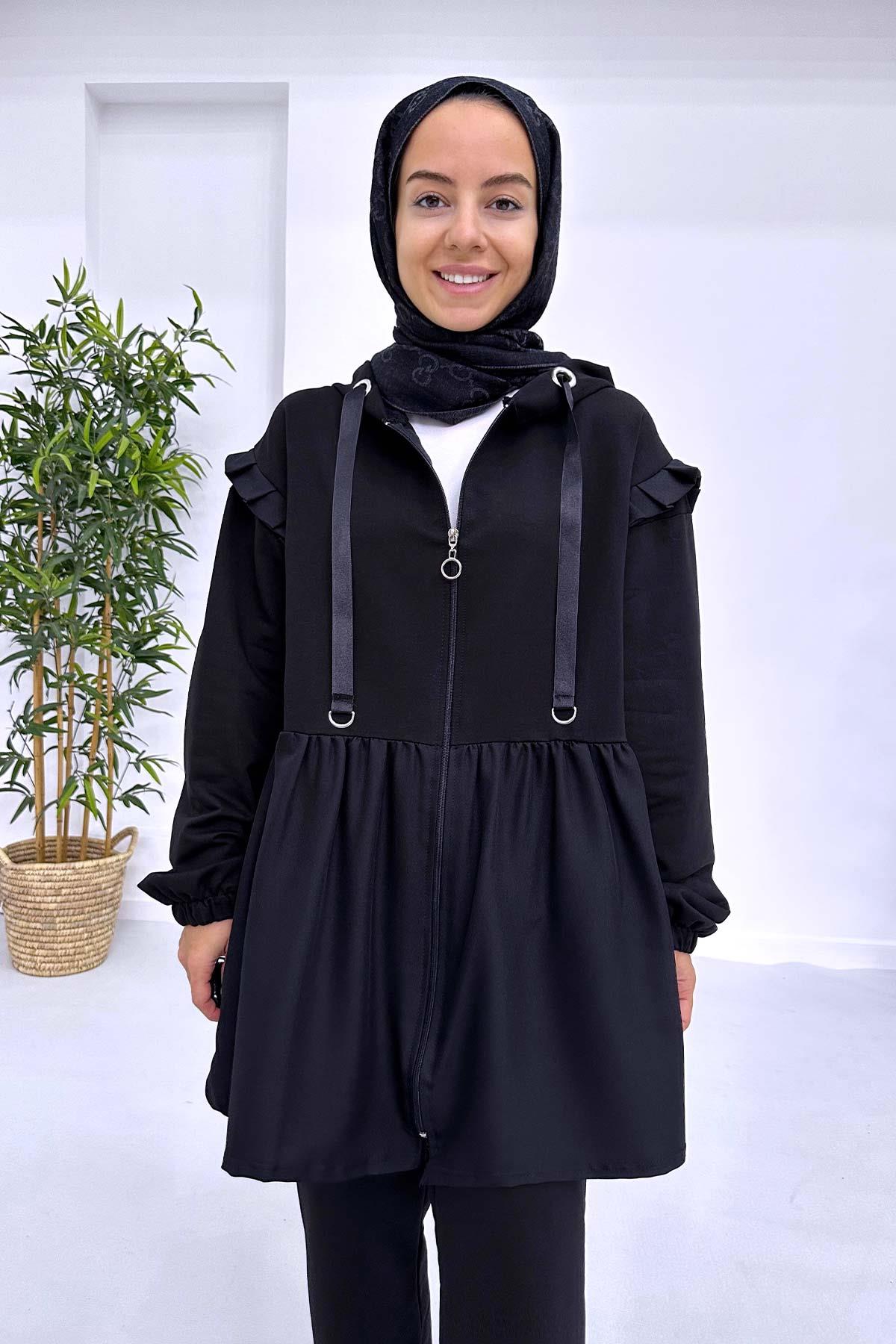 Pleated Waist Hood Suit - Black