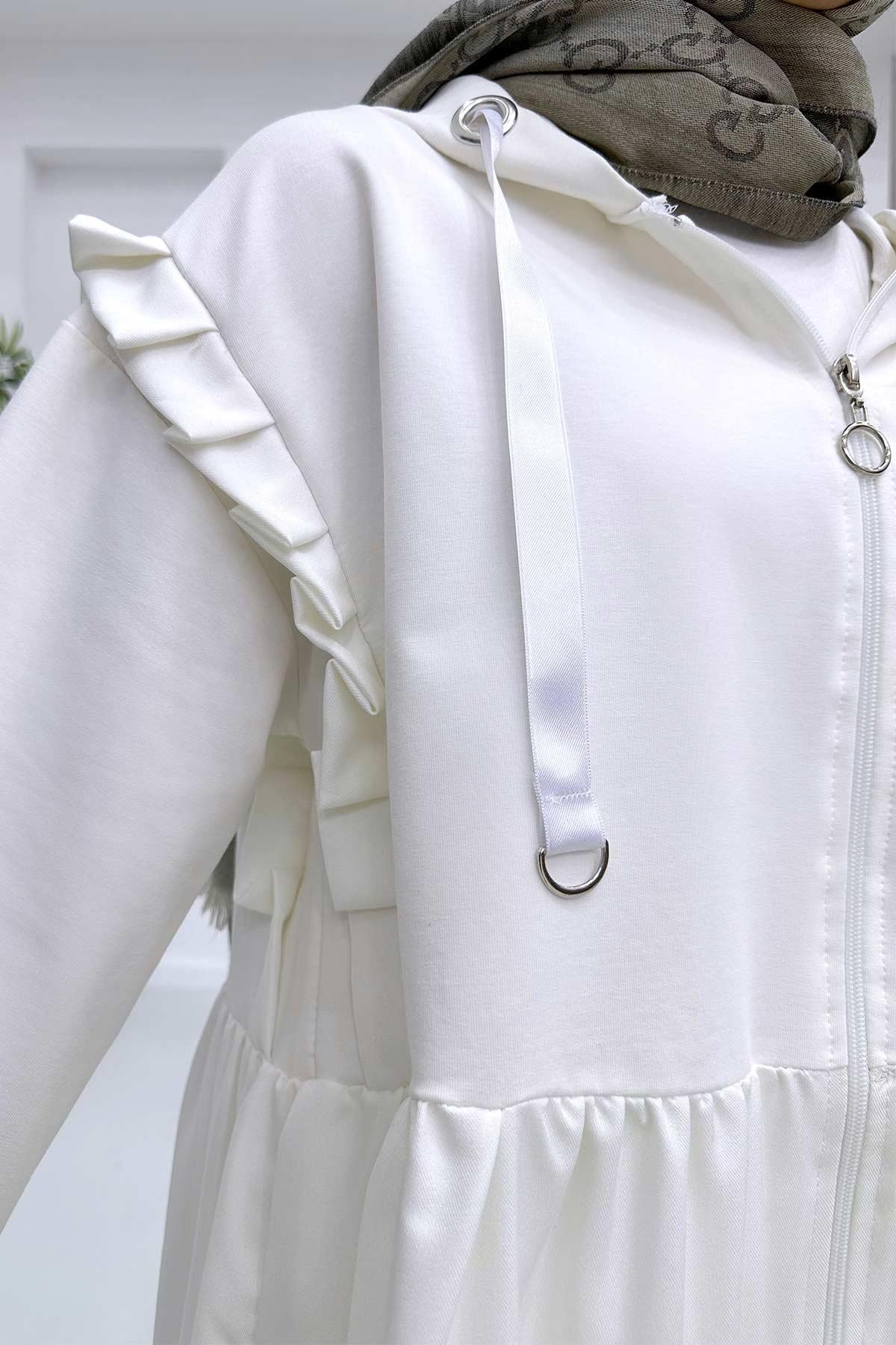 Pleated Waist Hood Suit - White