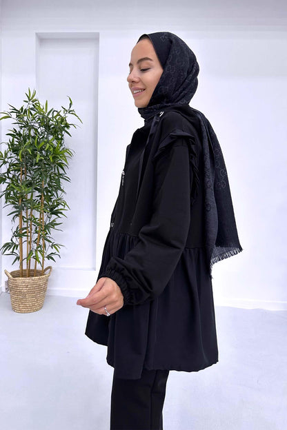 Pleated Waist Hood Suit - Black