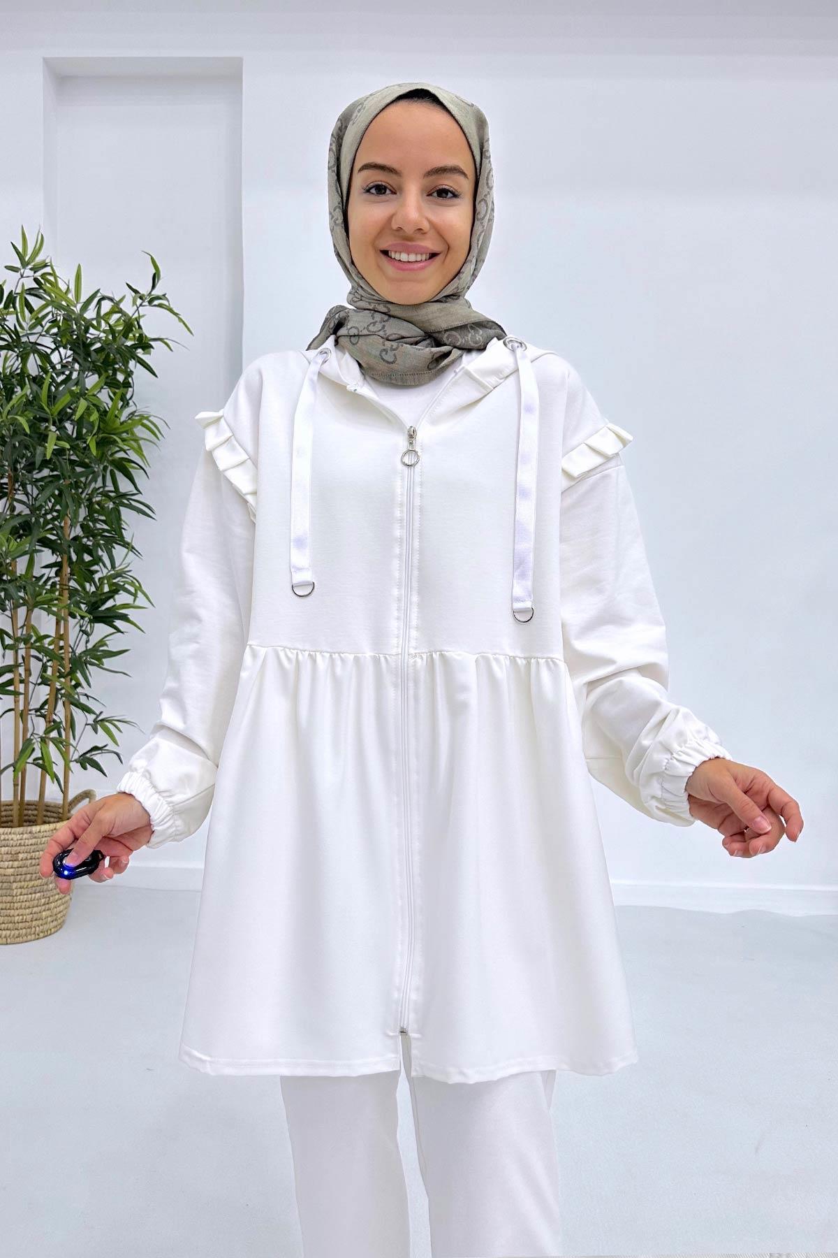 Pleated Waist Hood Suit - White