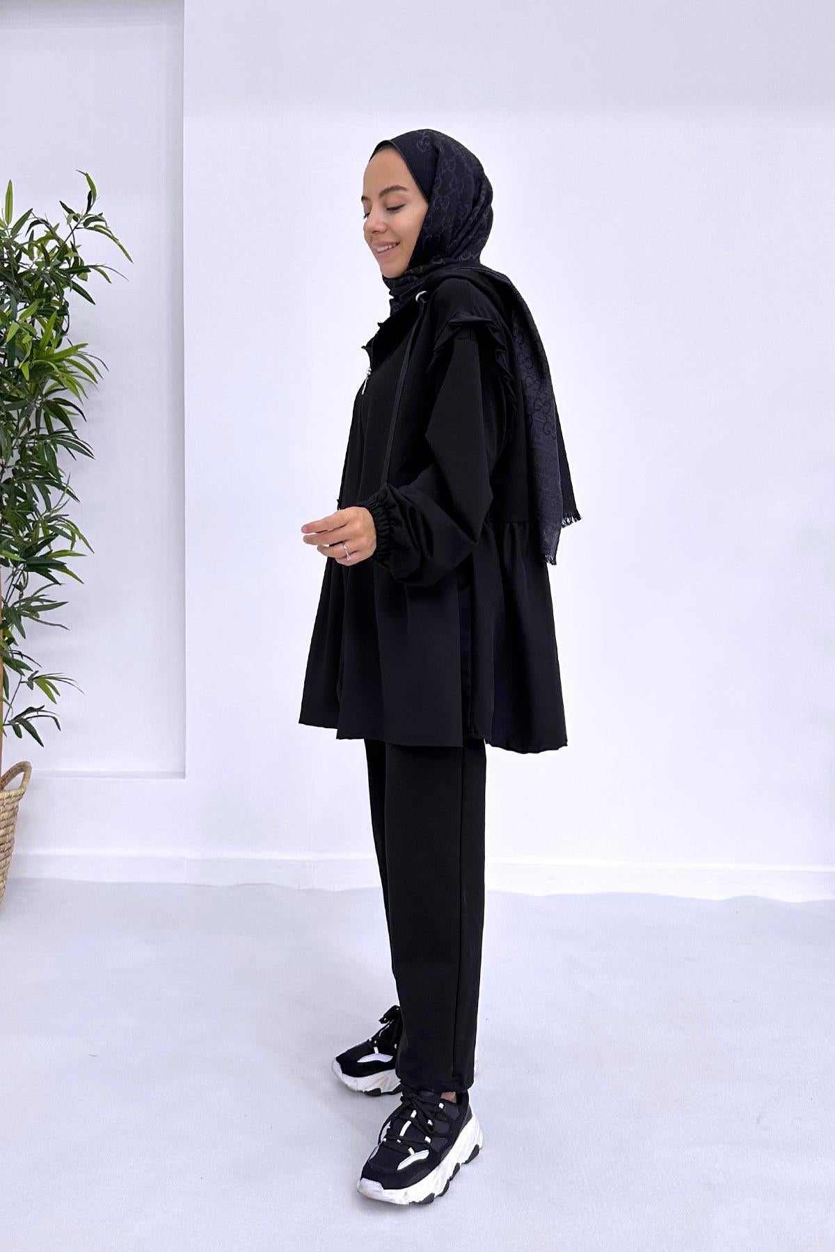 Pleated Waist Hood Suit - Black