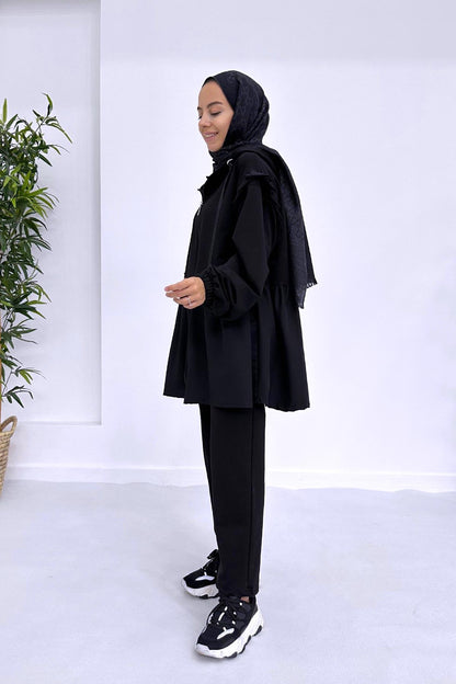 Pleated Waist Hood Suit - Black