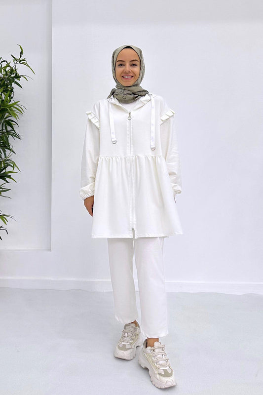 Pleated Waist Hood Suit - White