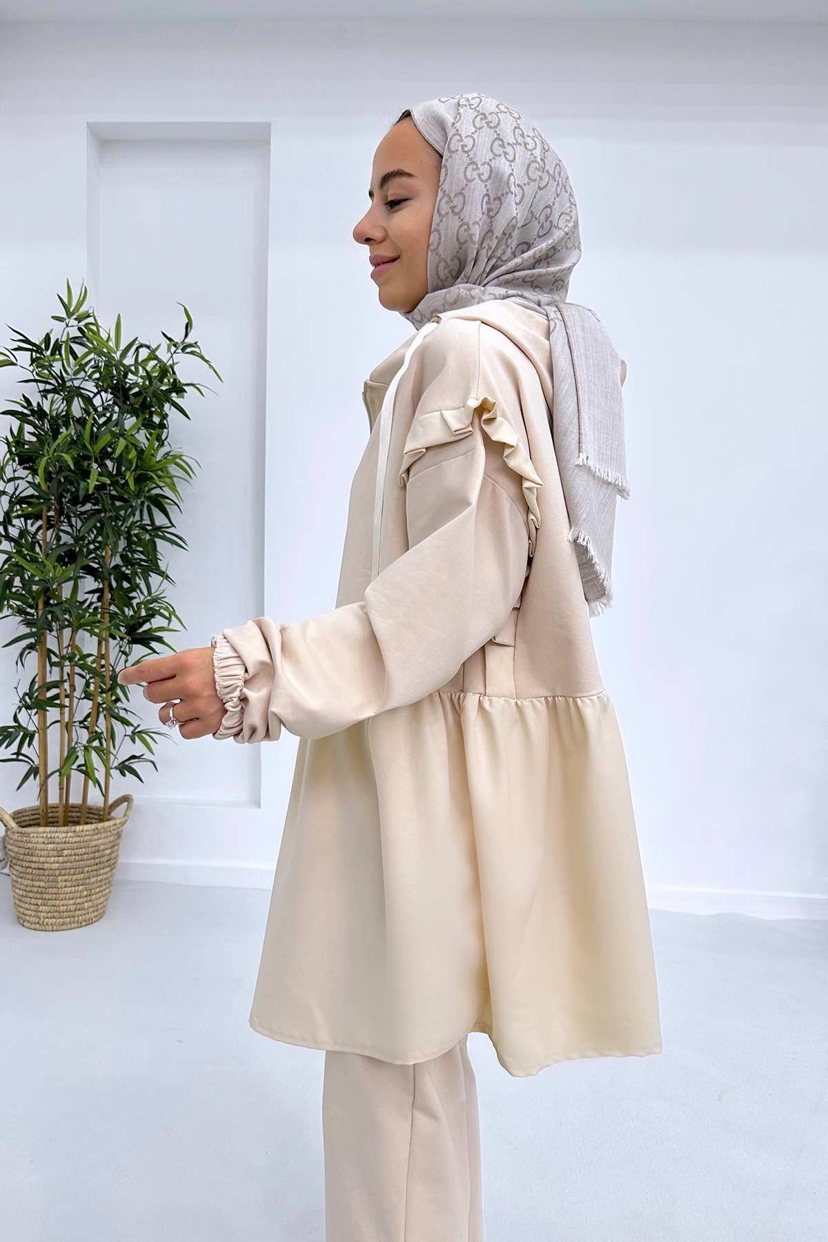 Pleated Waist Hood Suit - Beige