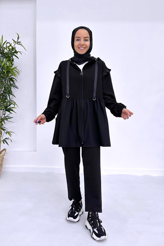 Pleated Waist Hood Suit - Black