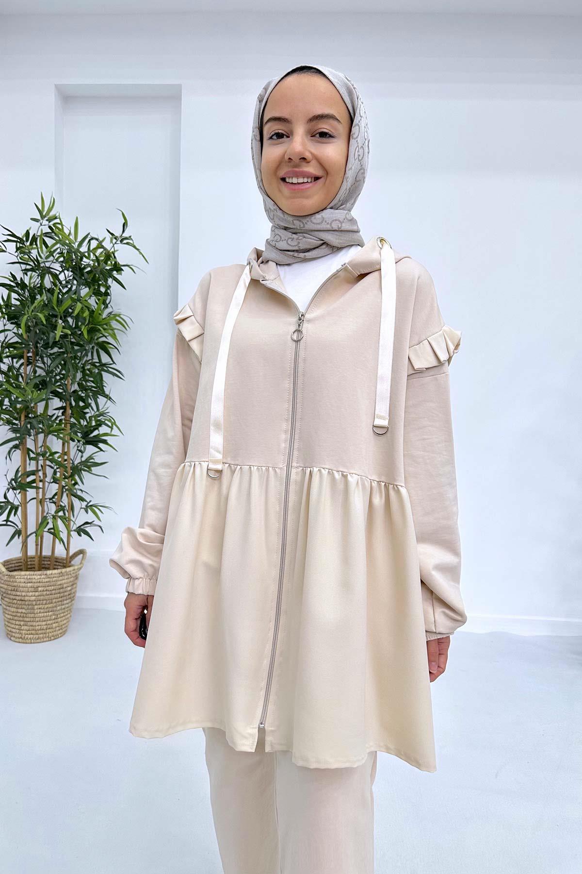 Pleated Waist Hood Suit - Beige