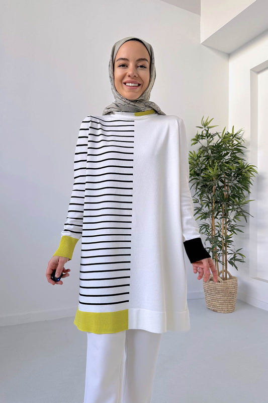 Line Detail Mercerized Tunic - White/Oil Green