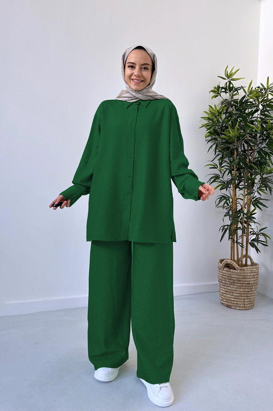 Wide Leg Shirt & Pants Suit - Emerald Color