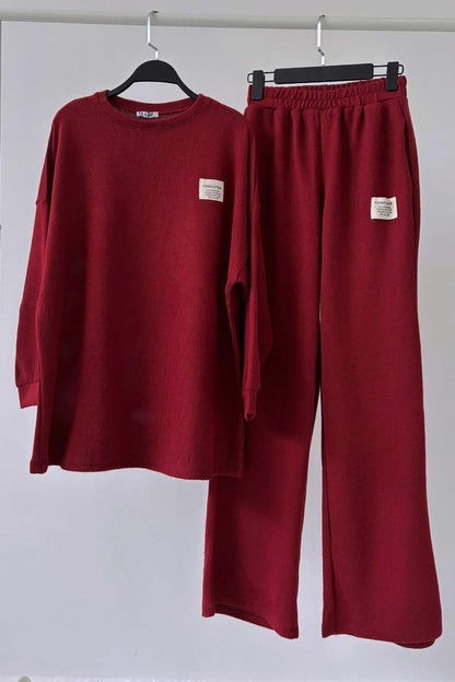 Wide Leg Knitwear Suit - Claret Red