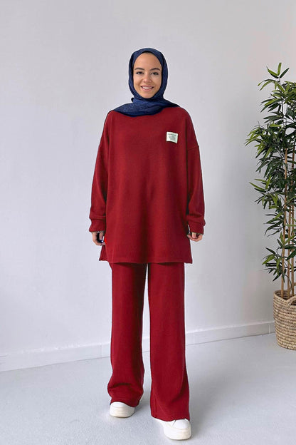 Wide Leg Knitwear Suit - Claret Red